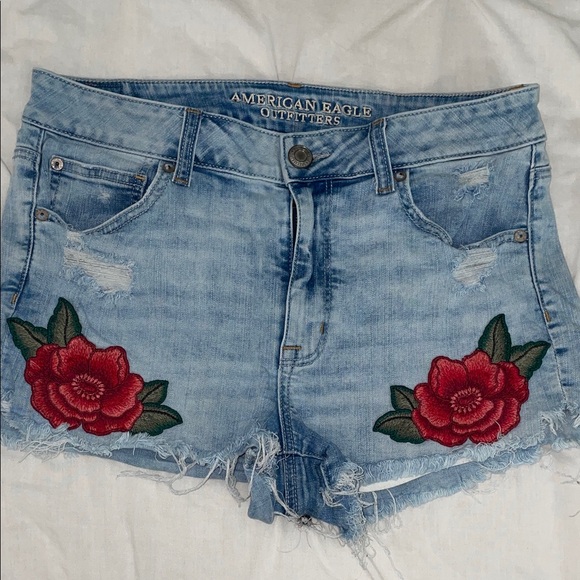 American Eagle Outfitters Blue Jean Shorts with Red Floral Embroidery - Picture 1 of 3